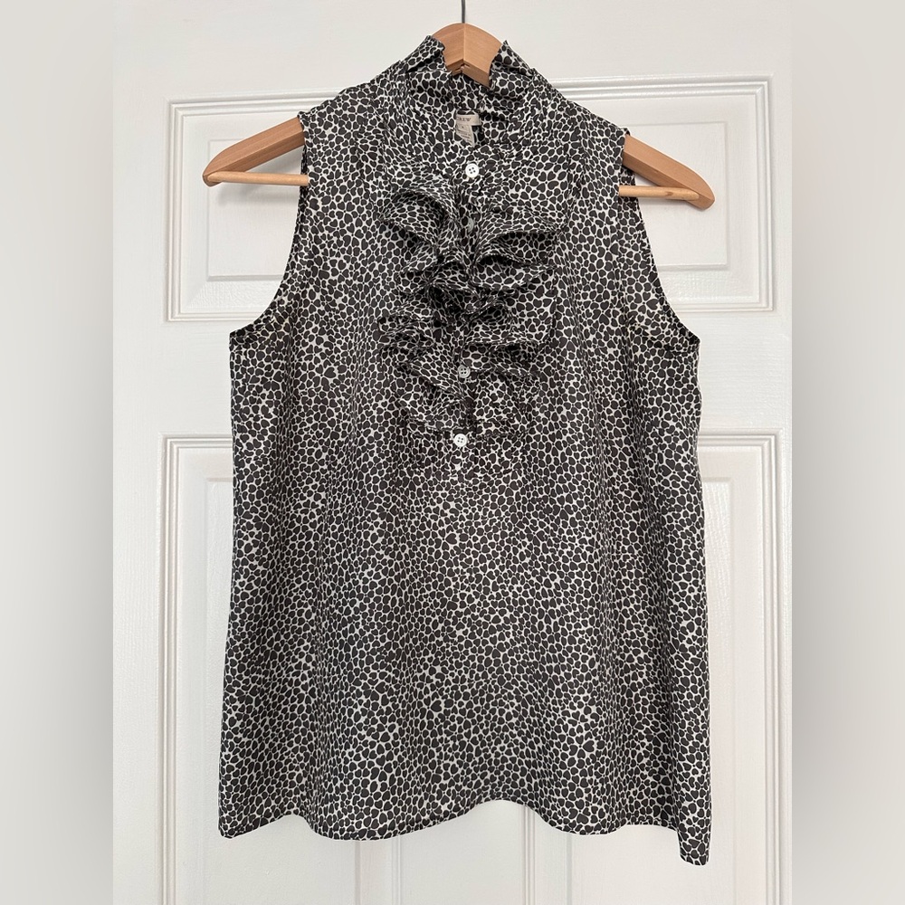 J Crew Silk Frances Sleeveless Ruffle Blouse Top, Heart Leopard Print, Size 4